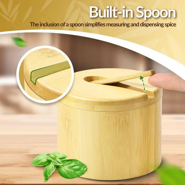 Alt view image 4 of 7 - Bamboo Salt Cellar with Lid and Spoon - Salt and Pepper Containers for Paprika, Herbs, Spice, Sugar - Bamboo Pepper Jar Storage Box Holder w/Magnetic Swivel Lid for Kitchen, 6 oz (Set of 2)