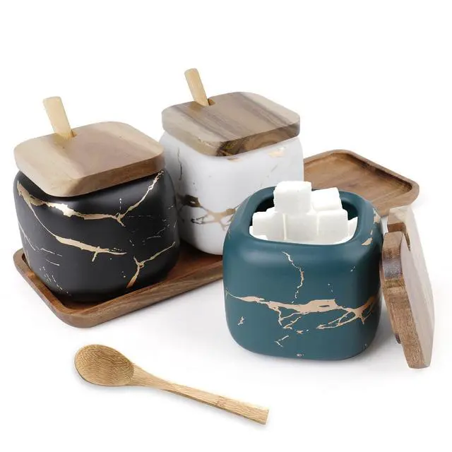 Alt view image 3 of 7 - 3 Pack Ceramic Salt and Sugar Container, Condiment Jars with Lids and Spoons, Marble Seasoning Spice Pots Bowl, Pepper Sellar with Wooden Tray for Serving, Counter, Home, Kitchen
