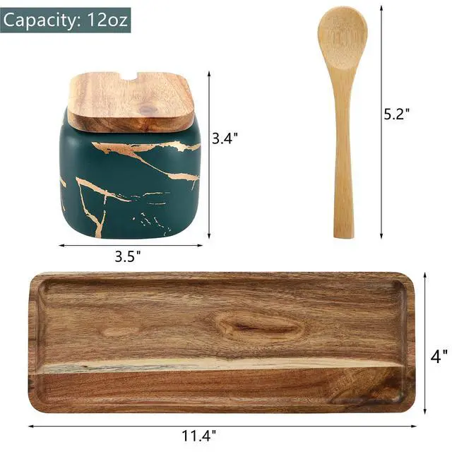 Alt view image 2 of 7 - 3 Pack Ceramic Salt and Sugar Container, Condiment Jars with Lids and Spoons, Marble Seasoning Spice Pots Bowl, Pepper Sellar with Wooden Tray for Serving, Counter, Home, Kitchen