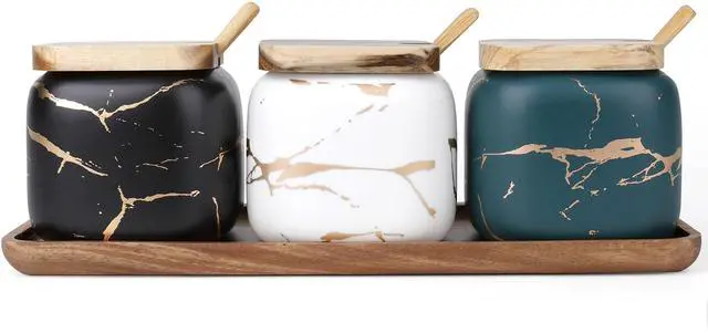 Main image of 3 Pack Ceramic Salt and Sugar Container, Condiment Jars with Lids and Spoons, Marble Seasoning Spice Pots Bowl, Pepper Sellar with Wooden Tray for Serving, Counter, Home, Kitchen