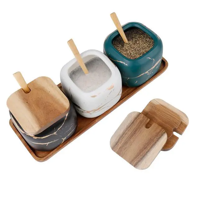 Alt view image 4 of 7 - 3 Pack Ceramic Salt and Sugar Container, Condiment Jars with Lids and Spoons, Marble Seasoning Spice Pots Bowl, Pepper Sellar with Wooden Tray for Serving, Counter, Home, Kitchen