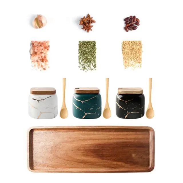 Alt view image 5 of 7 - 3 Pack Ceramic Salt and Sugar Container, Condiment Jars with Lids and Spoons, Marble Seasoning Spice Pots Bowl, Pepper Sellar with Wooden Tray for Serving, Counter, Home, Kitchen