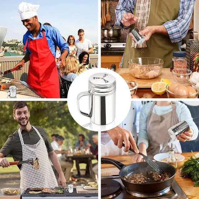 Alt view image 5 of 7 - 3Pcs Large Salt and Pepper Shakers with Handle, Kitchen Stainless Steel Salt Shaker Seasoning Bottle Container Dry Rub Spice Dispenser with Lid Holes for Salt/Pepper/Cinnamon/Powder