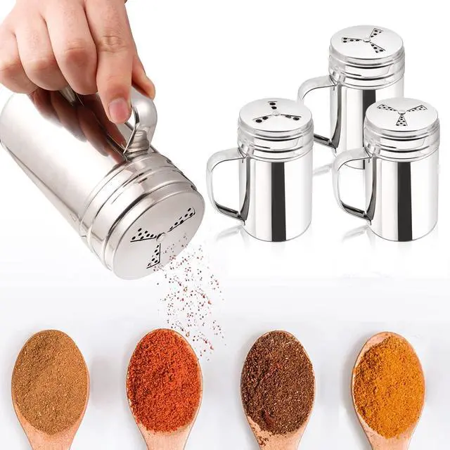 Alt view image 3 of 7 - 3Pcs Large Salt and Pepper Shakers with Handle, Kitchen Stainless Steel Salt Shaker Seasoning Bottle Container Dry Rub Spice Dispenser with Lid Holes for Salt/Pepper/Cinnamon/Powder