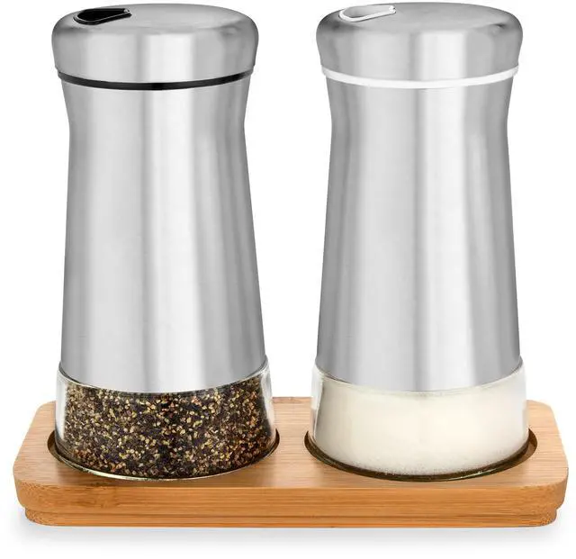 Main image of Salt and Pepper Shakers set with Adjustable Pour Holes - Elegant Stainless Steel Spice Dispenser - Perfect for Himalayan, Table Salt, White and Black Pepper (Salt & Pepper Shakers Set + Bamboo Stand)