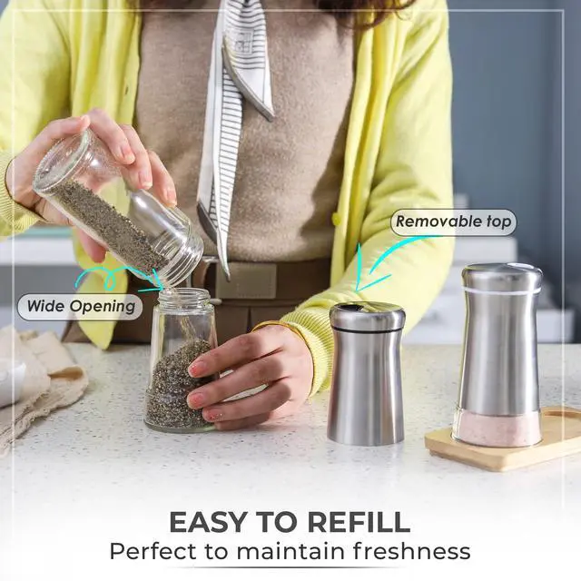 Alt view image 2 of 7 - Salt and Pepper Shakers set with Adjustable Pour Holes - Elegant Stainless Steel Spice Dispenser - Perfect for Himalayan, Table Salt, White and Black Pepper (Salt & Pepper Shakers Set + Bamboo Stand)
