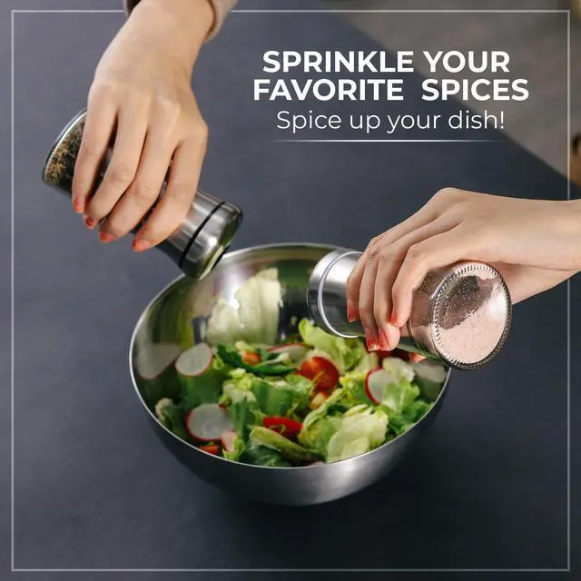 Alt view image 3 of 7 - Salt and Pepper Shakers set with Adjustable Pour Holes - Elegant Stainless Steel Spice Dispenser - Perfect for Himalayan, Table Salt, White and Black Pepper (Salt & Pepper Shakers Set + Bamboo Stand)