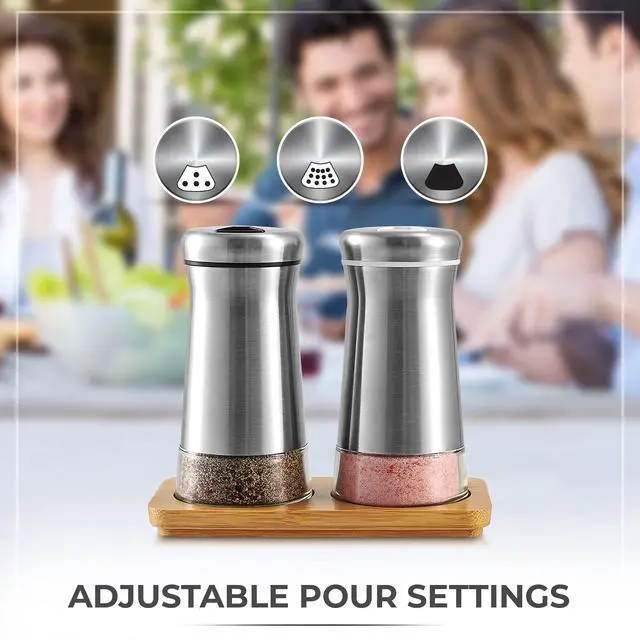 Alt view image 6 of 7 - Salt and Pepper Shakers set with Adjustable Pour Holes - Elegant Stainless Steel Spice Dispenser - Perfect for Himalayan, Table Salt, White and Black Pepper (Salt & Pepper Shakers Set + Bamboo Stand)