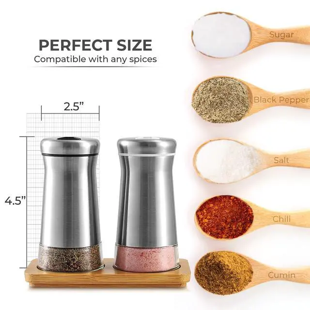Alt view image 5 of 7 - Salt and Pepper Shakers set with Adjustable Pour Holes - Elegant Stainless Steel Spice Dispenser - Perfect for Himalayan, Table Salt, White and Black Pepper (Salt & Pepper Shakers Set + Bamboo Stand)