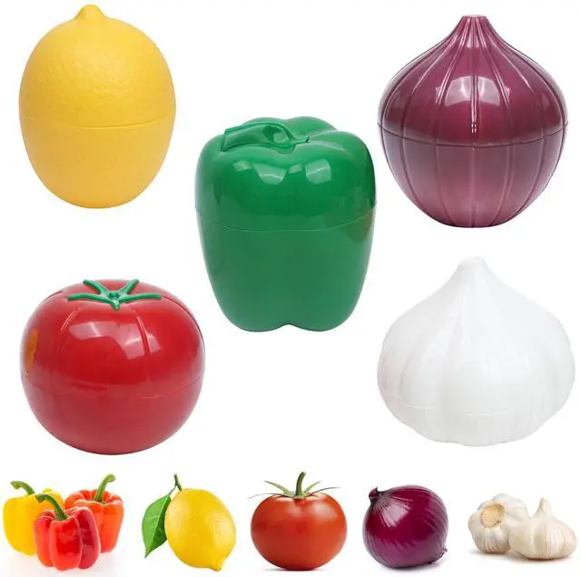 Main image of 5 Pcs Vegetable Keeper for Refrigerator, Tomato Onion Storage Container, Garlic Pepper Lemon Fridge Saver Holder, Fruit Food Kitchen Box with Lid, Reusable Veggie Lime Fresh Organizer BPA Free