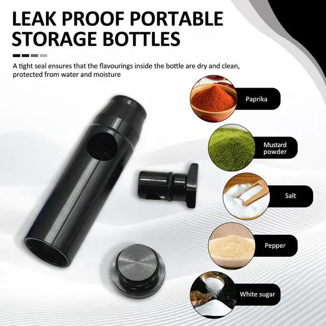 Alt view image 5 of 7 - 3 Pack Metal Spice Dispenser, Portable Mini Leakproof Food Shaker, Waterproof outdoor Pepper Camping Spice Black Container,Salt Shaker for Travel Cooking Various Seasoning Needs