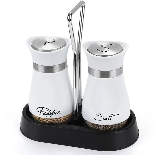 Main image of Salt and Pepper Shakers Set with Holder, 4 oz Stainless Steel Salt Pepper Shaker Containers with Glass Bottom for Kitchen Cooking, BBQ, Bar, Table, RV, Camp