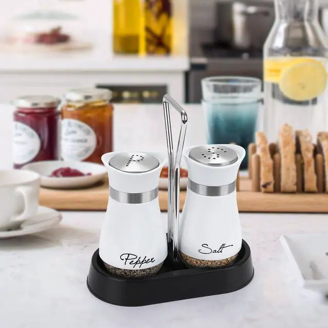 Alt view image 3 of 7 - Salt and Pepper Shakers Set with Holder, 4 oz Stainless Steel Salt Pepper Shaker Containers with Glass Bottom for Kitchen Cooking, BBQ, Bar, Table, RV, Camp