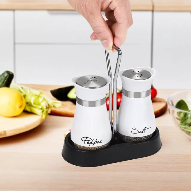 Alt view image 4 of 7 - Salt and Pepper Shakers Set with Holder, 4 oz Stainless Steel Salt Pepper Shaker Containers with Glass Bottom for Kitchen Cooking, BBQ, Bar, Table, RV, Camp