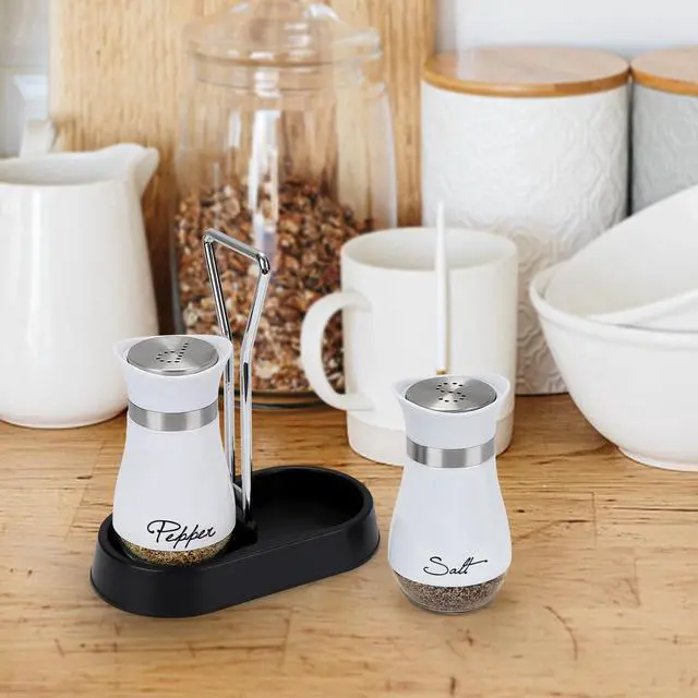 Alt view image 5 of 7 - Salt and Pepper Shakers Set with Holder, 4 oz Stainless Steel Salt Pepper Shaker Containers with Glass Bottom for Kitchen Cooking, BBQ, Bar, Table, RV, Camp