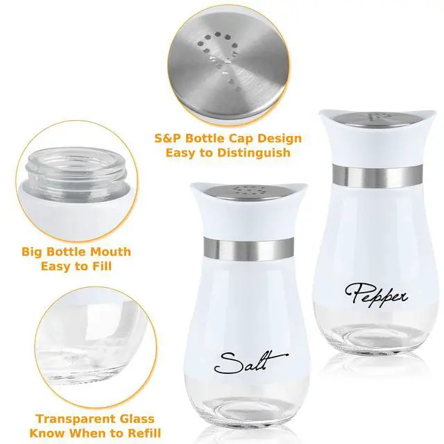 Alt view image 6 of 7 - Salt and Pepper Shakers Set with Holder, 4 oz Stainless Steel Salt Pepper Shaker Containers with Glass Bottom for Kitchen Cooking, BBQ, Bar, Table, RV, Camp