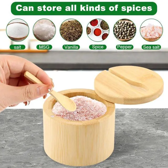 Alt view image 5 of 7 - Bamboo Salt Cellar with Magnetic Swivel Lid & Spoon, 2Pcs Spice Box Bowl Storage Box Salt Container to Storage Pepper, Table Salt, Gourmet Salts, Spice, Sugar(SIZE:6 oz)