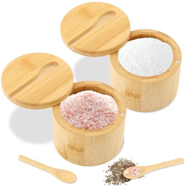 Main image of Bamboo Salt Cellar with Magnetic Swivel Lid & Spoon, 2Pcs Spice Box Bowl Storage Box Salt Container to Storage Pepper, Table Salt, Gourmet Salts, Spice, Sugar(SIZE:6 oz)