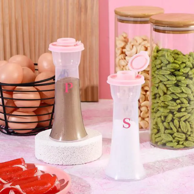 Alt view image 5 of 6 - Set of 2 Plastic Salt and Pepper Shakers with Lids Large Salt Shaker Pepper Container Vintage Tall Hourglass Camping Picnic Outdoors Travel Spice Set for Home Picnic Kitchen(Classic,Pink)