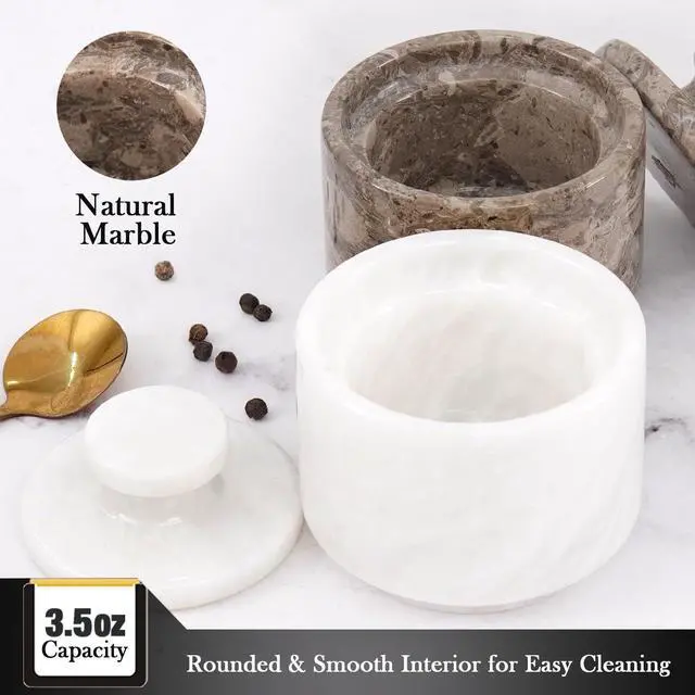 Alt view image 3 of 7 - Marble Salt Cellar with Lid 3" White and Oceanic Celtic Salt & Pepper Containers, Perfect for Home & Kitchen Countertop, Salt Dish & Sugar Bowls for Table Decor