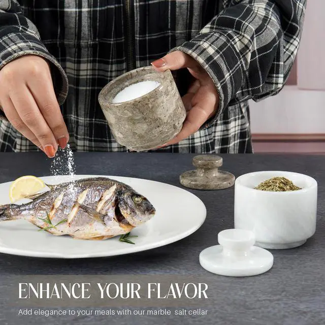 Alt view image 4 of 7 - Marble Salt Cellar with Lid 3" White and Oceanic Celtic Salt & Pepper Containers, Perfect for Home & Kitchen Countertop, Salt Dish & Sugar Bowls for Table Decor