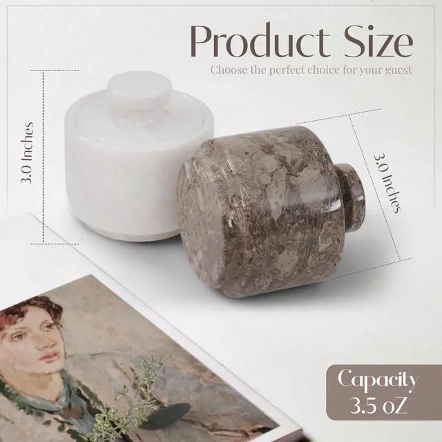 Alt view image 7 of 7 - Marble Salt Cellar with Lid 3" White and Oceanic Celtic Salt & Pepper Containers, Perfect for Home & Kitchen Countertop, Salt Dish & Sugar Bowls for Table Decor