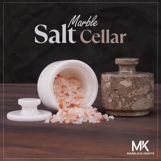 Alt view image 5 of 7 - Marble Salt Cellar with Lid 3" White and Oceanic Celtic Salt & Pepper Containers, Perfect for Home & Kitchen Countertop, Salt Dish & Sugar Bowls for Table Decor