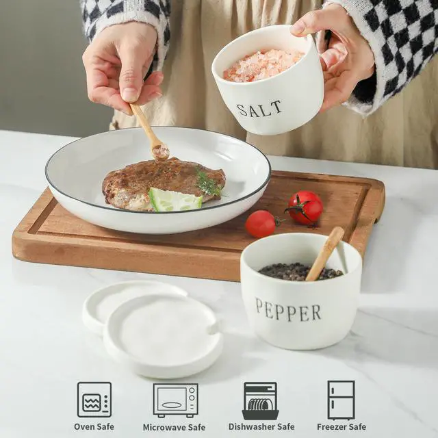 Alt view image 3 of 6 - 2 Pack Salt and Pepper Bowls Set, Ceramic Salt and Pepper Containers with Lid and Spoon, White Salt Pepper Holder Set, Salt Box Dish with Lid