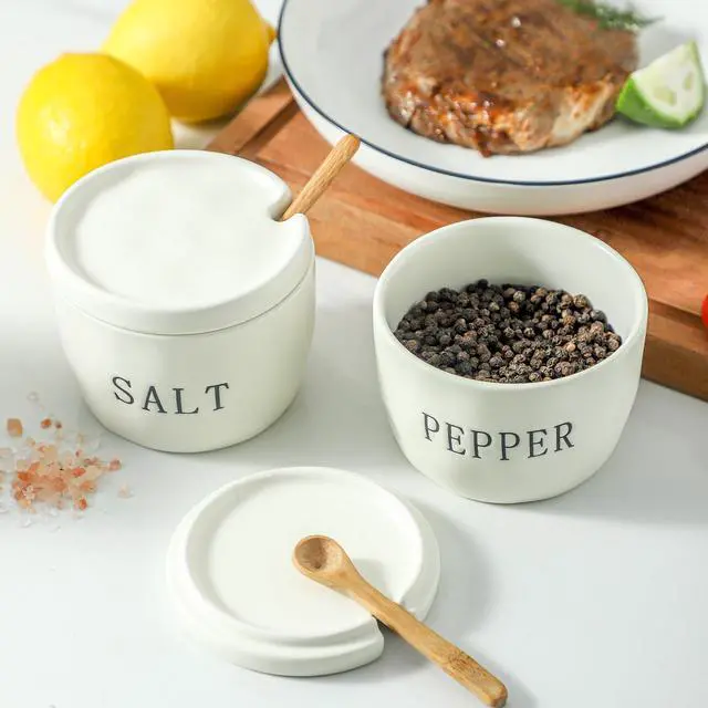 Alt view image 6 of 6 - 2 Pack Salt and Pepper Bowls Set, Ceramic Salt and Pepper Containers with Lid and Spoon, White Salt Pepper Holder Set, Salt Box Dish with Lid