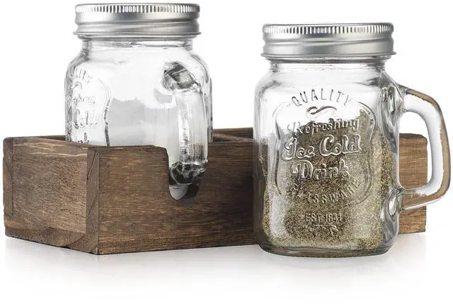 Main image of Mason Jar Salt and Pepper Shakers - Vintage Glass Condiment Dispenser Set with Wooden Holder Caddy - Farmhouse Kitchen Decor, Easy Refill 5-ounce Capacity with Stainless Steel Lids