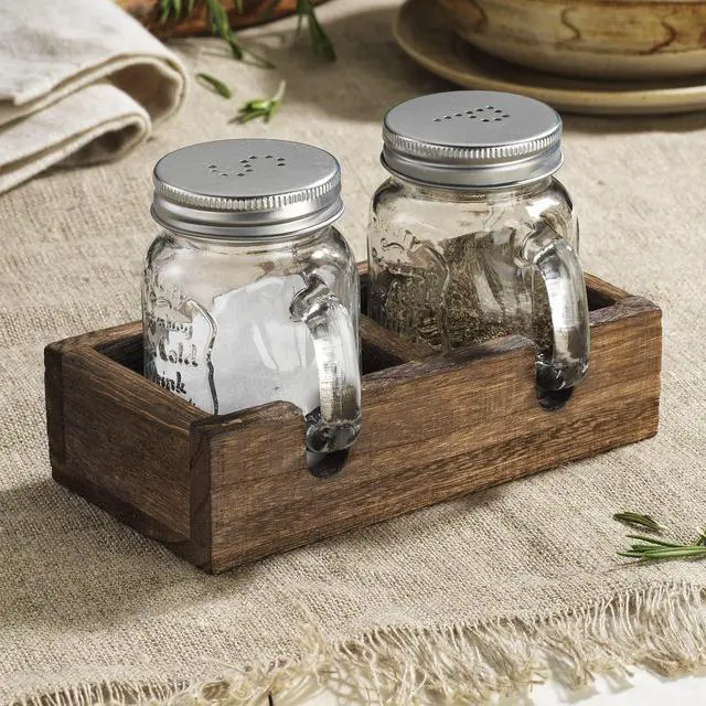 Alt view image 3 of 7 - Mason Jar Salt and Pepper Shakers - Vintage Glass Condiment Dispenser Set with Wooden Holder Caddy - Farmhouse Kitchen Decor, Easy Refill 5-ounce Capacity with Stainless Steel Lids