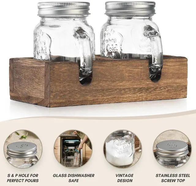 Alt view image 4 of 7 - Mason Jar Salt and Pepper Shakers - Vintage Glass Condiment Dispenser Set with Wooden Holder Caddy - Farmhouse Kitchen Decor, Easy Refill 5-ounce Capacity with Stainless Steel Lids