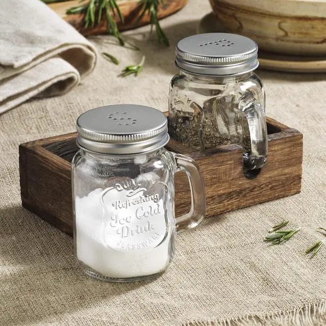 Alt view image 2 of 7 - Mason Jar Salt and Pepper Shakers - Vintage Glass Condiment Dispenser Set with Wooden Holder Caddy - Farmhouse Kitchen Decor, Easy Refill 5-ounce Capacity with Stainless Steel Lids
