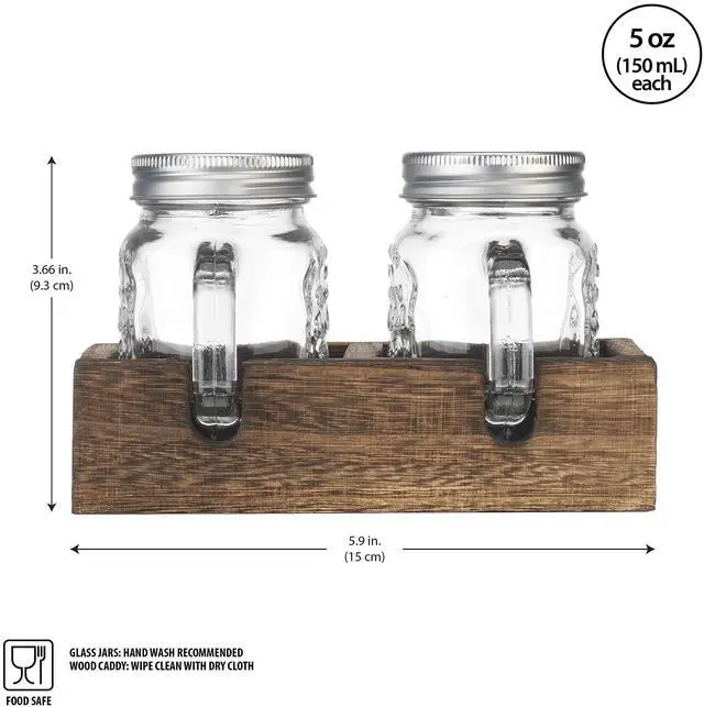 Alt view image 6 of 7 - Mason Jar Salt and Pepper Shakers - Vintage Glass Condiment Dispenser Set with Wooden Holder Caddy - Farmhouse Kitchen Decor, Easy Refill 5-ounce Capacity with Stainless Steel Lids
