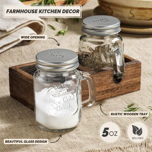 Alt view image 5 of 7 - Mason Jar Salt and Pepper Shakers - Vintage Glass Condiment Dispenser Set with Wooden Holder Caddy - Farmhouse Kitchen Decor, Easy Refill 5-ounce Capacity with Stainless Steel Lids