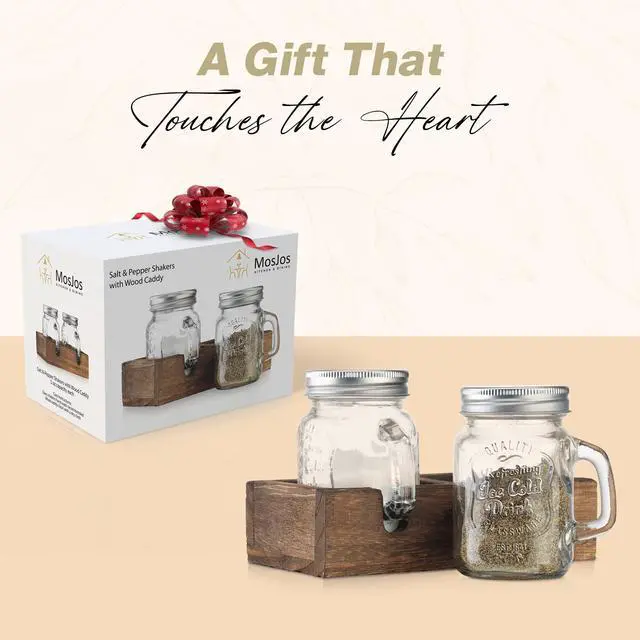 Alt view image 7 of 7 - Mason Jar Salt and Pepper Shakers - Vintage Glass Condiment Dispenser Set with Wooden Holder Caddy - Farmhouse Kitchen Decor, Easy Refill 5-ounce Capacity with Stainless Steel Lids