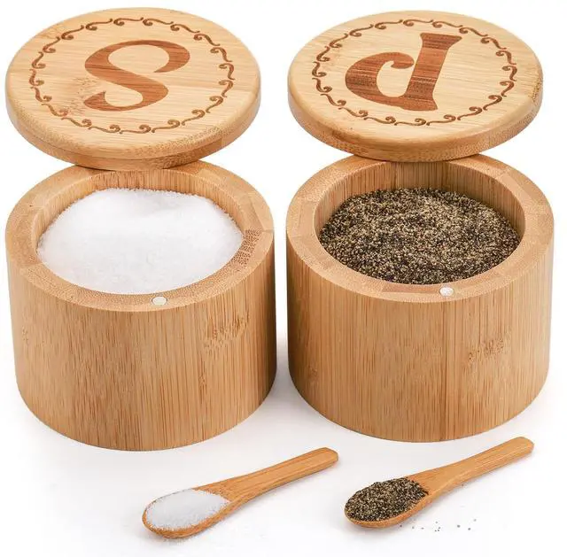 Main image of 2 Pack Bamboo Salt and Pepper Holder Box with 2 Spoons, Spice Jars Containers, Seasoning Storage Box with Swivel Lid and Magnet Lock - 6 oz Capacity