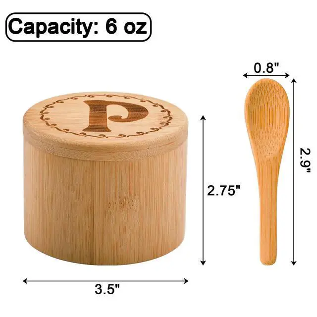 Alt view image 2 of 6 - 2 Pack Bamboo Salt and Pepper Holder Box with 2 Spoons, Spice Jars Containers, Seasoning Storage Box with Swivel Lid and Magnet Lock - 6 oz Capacity