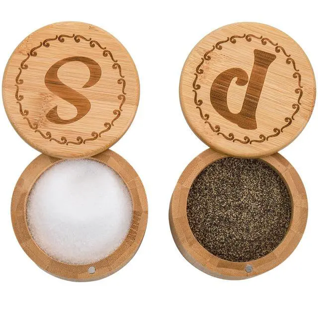 Alt view image 3 of 6 - 2 Pack Bamboo Salt and Pepper Holder Box with 2 Spoons, Spice Jars Containers, Seasoning Storage Box with Swivel Lid and Magnet Lock - 6 oz Capacity