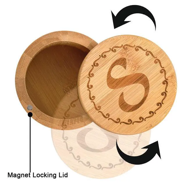 Alt view image 4 of 6 - 2 Pack Bamboo Salt and Pepper Holder Box with 2 Spoons, Spice Jars Containers, Seasoning Storage Box with Swivel Lid and Magnet Lock - 6 oz Capacity