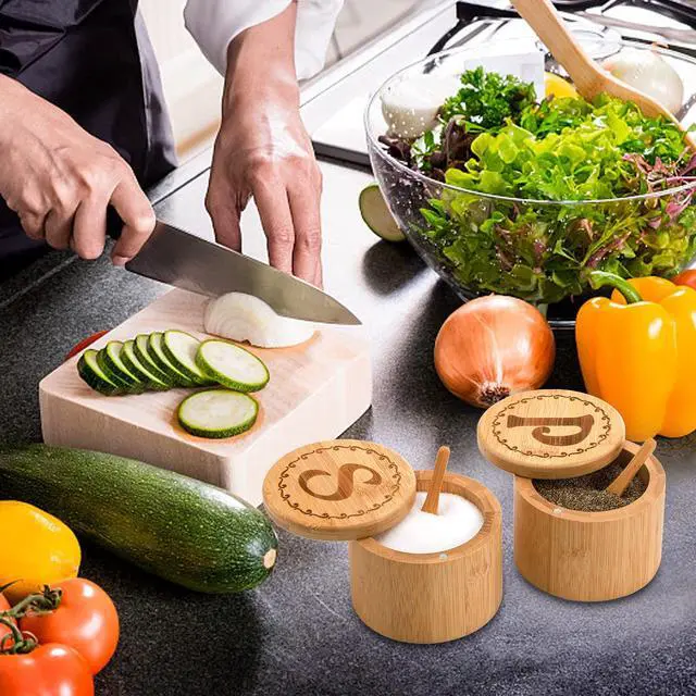 Alt view image 5 of 6 - 2 Pack Bamboo Salt and Pepper Holder Box with 2 Spoons, Spice Jars Containers, Seasoning Storage Box with Swivel Lid and Magnet Lock - 6 oz Capacity