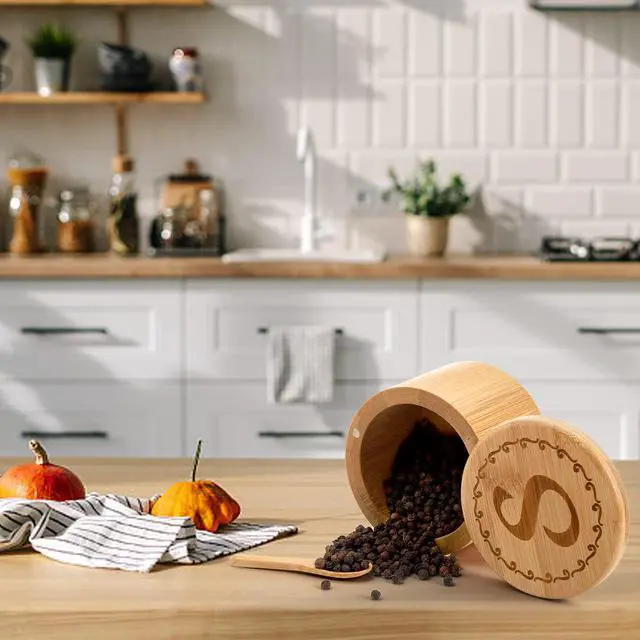 Alt view image 6 of 6 - 2 Pack Bamboo Salt and Pepper Holder Box with 2 Spoons, Spice Jars Containers, Seasoning Storage Box with Swivel Lid and Magnet Lock - 6 oz Capacity