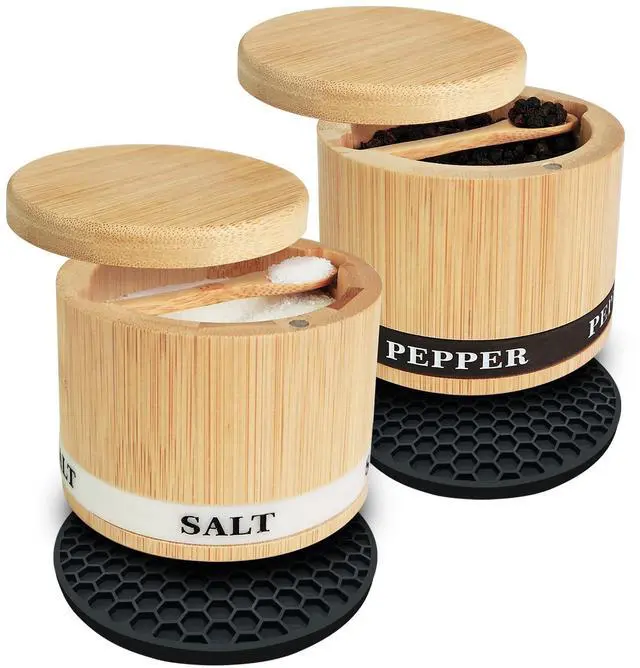 Main image of Salt Box Bamboo Pepper and Salt Container with Swivel Lid and Spoons, Spice Cellar with Mat and Labels, Holder for Seasoning and Small Items, Dual 13 Oz Capacity