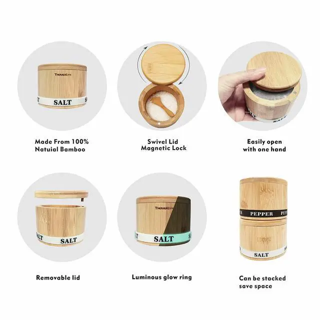 Alt view image 3 of 6 - Salt Box Bamboo Pepper and Salt Container with Swivel Lid and Spoons, Spice Cellar with Mat and Labels, Holder for Seasoning and Small Items, Dual 13 Oz Capacity