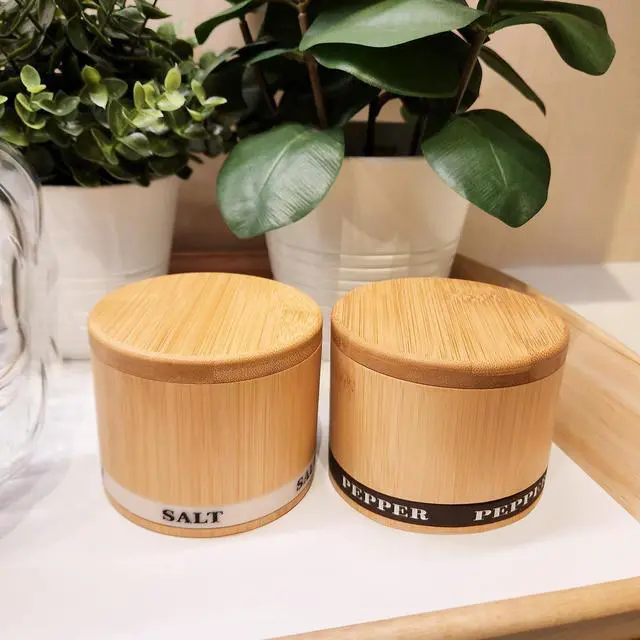 Alt view image 6 of 6 - Salt Box Bamboo Pepper and Salt Container with Swivel Lid and Spoons, Spice Cellar with Mat and Labels, Holder for Seasoning and Small Items, Dual 13 Oz Capacity