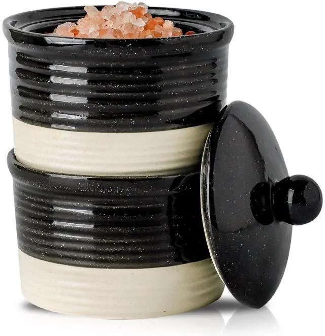 Main image of Ceramic Salt Cellar, 9 oz Salt and Pepper Bowls with Lid for Countertop, Stacked Salt and Pepper Box Set, Black and White Farmhouse Decor Sugar Bowls, Set of 2