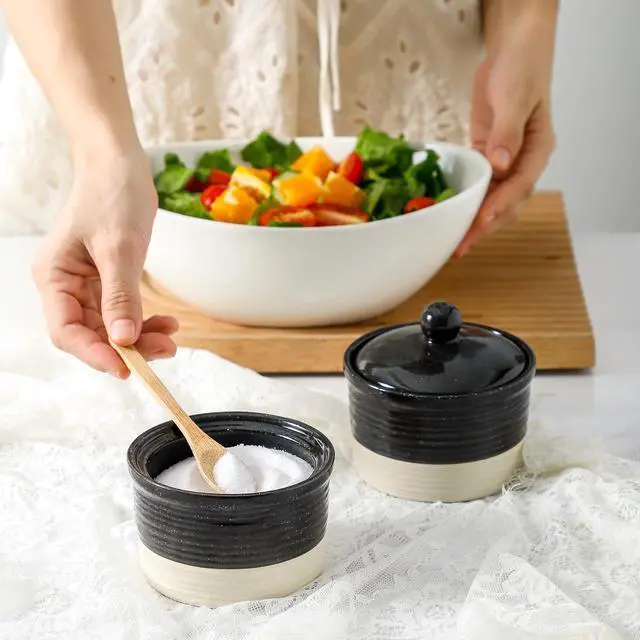 Alt view image 4 of 7 - Ceramic Salt Cellar, 9 oz Salt and Pepper Bowls with Lid for Countertop, Stacked Salt and Pepper Box Set, Black and White Farmhouse Decor Sugar Bowls, Set of 2