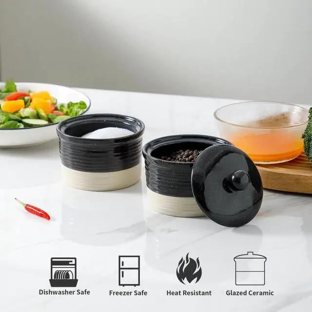 Alt view image 6 of 7 - Ceramic Salt Cellar, 9 oz Salt and Pepper Bowls with Lid for Countertop, Stacked Salt and Pepper Box Set, Black and White Farmhouse Decor Sugar Bowls, Set of 2
