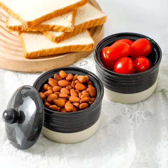 Alt view image 5 of 7 - Ceramic Salt Cellar, 9 oz Salt and Pepper Bowls with Lid for Countertop, Stacked Salt and Pepper Box Set, Black and White Farmhouse Decor Sugar Bowls, Set of 2