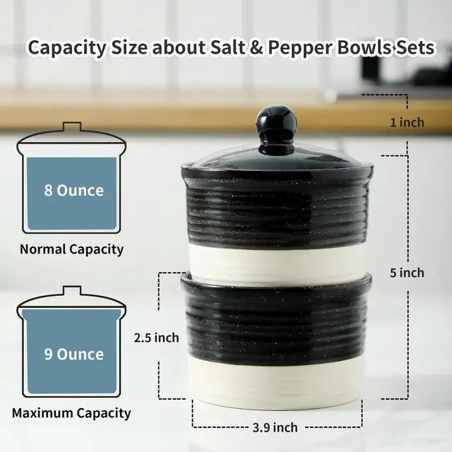 Alt view image 2 of 7 - Ceramic Salt Cellar, 9 oz Salt and Pepper Bowls with Lid for Countertop, Stacked Salt and Pepper Box Set, Black and White Farmhouse Decor Sugar Bowls, Set of 2